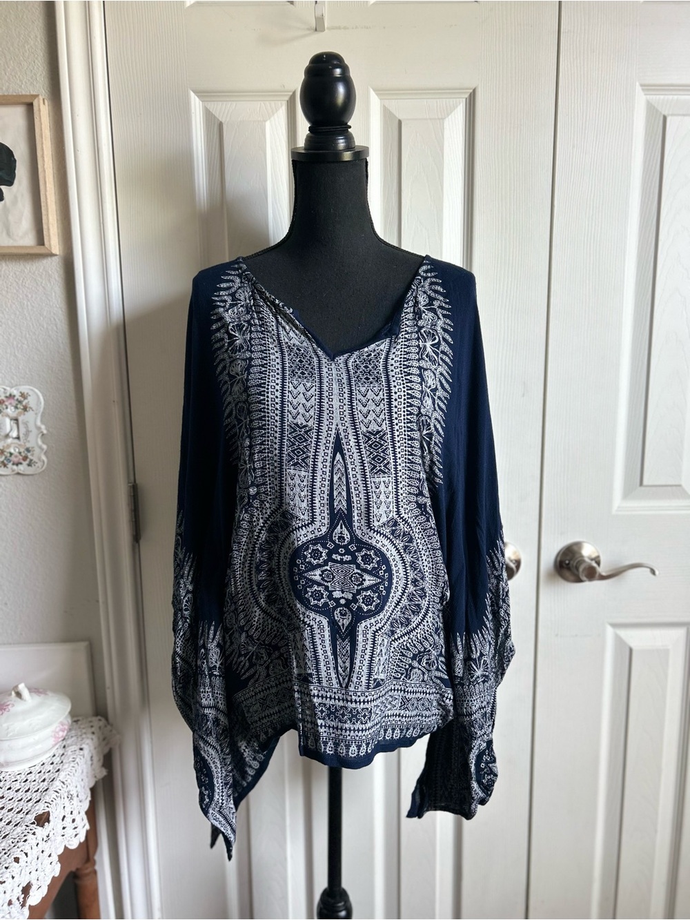 Earthbound blue v neck asymmetrical flowy tunic blouse